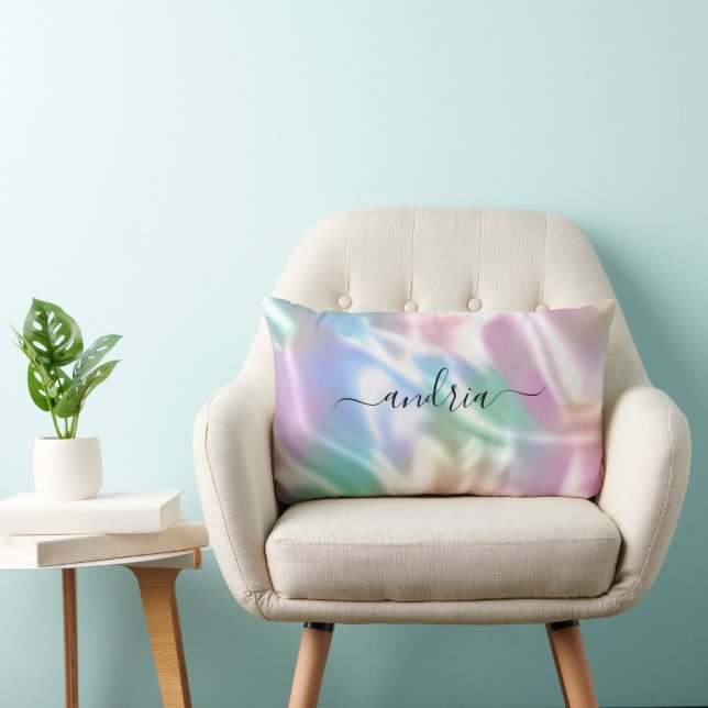 Iridescent ontwerp, personaliseer zwarte scriptnaa kussen (Stoel)