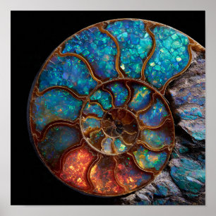 Iridescent opaal ammoniet fossiel detail poster