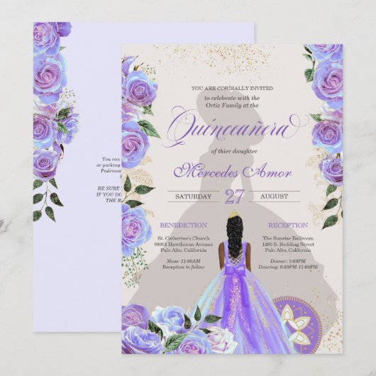 Iridescent Paars Blue Fancy Charro Quinceanera Kaart (Voorkant / Achterkant)