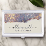 Iridescent Paars Glam Glitter Visitekaarthouder<br><div class="desc">Iridescent Paarse Gold Glam Glitter Business Card-draagtas. Dit ontwerp kenmerkt een classy doopvont van de de handtekeningsstijl die tegen een prachtige moderne iriserende glinsterende achtergrond wordt geplaatst. Perfect voor een schoonheidssalon,  haarstylist,  make-up kunstenaar of cosmetoloog.</div>