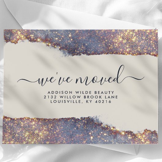 Iridescent Paars Gold Glitter Moving Announance Aankondigingskaart