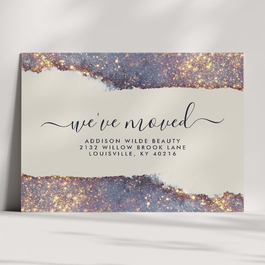 Iridescent Paars Gold Glitter Moving Announance Aankondigingskaart