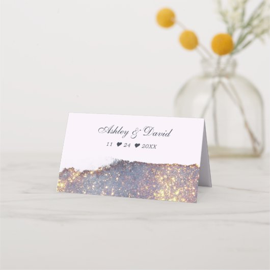 Iridescent Paars Gold Glitter Wedding Plaatskaartje (Achterkant)