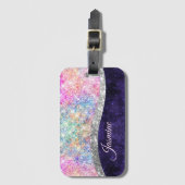 Iridescent paars zilveren faux glitter monogram bagagelabel (Voorkant (verticaal))