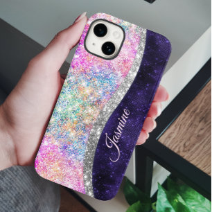 Iridescent paars zilveren faux glitter monogram Case-Mate iPhone 14 hoesje