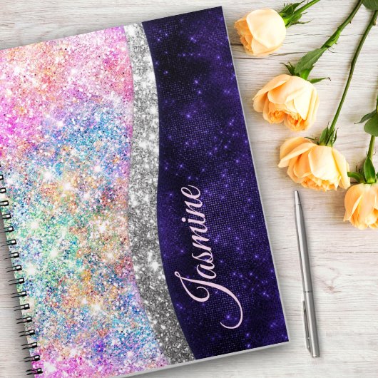 Iridescent paars zilveren faux glitter monogram notitieboek