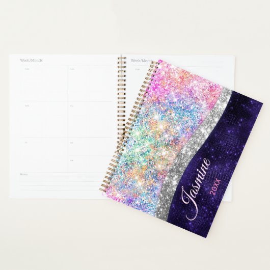 Iridescent paars zilveren faux glitter monogram pl planner (Display)
