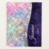 Iridescent paars zilveren faux glitter monogram pl planner (Voorkant)