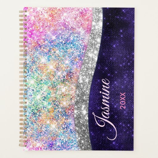 Iridescent paars zilveren faux glitter monogram pl planner (Voorkant)