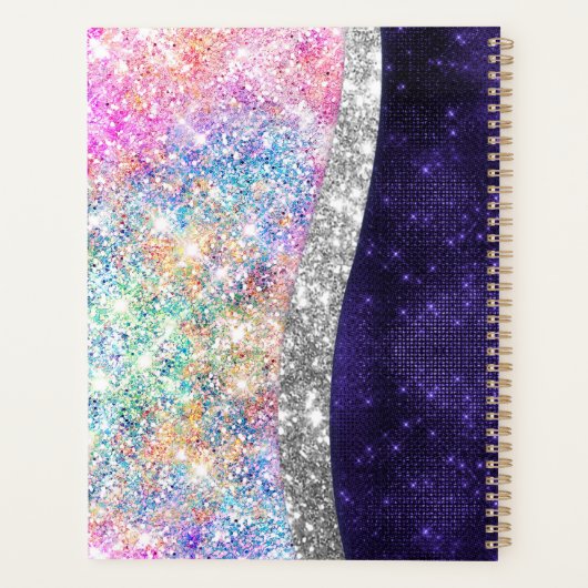 Iridescent paars zilveren faux glitter monogram pl planner (Achterkant)