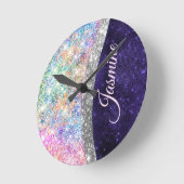 Iridescent paars zilveren faux glitter monogram ronde klok (Hoek)