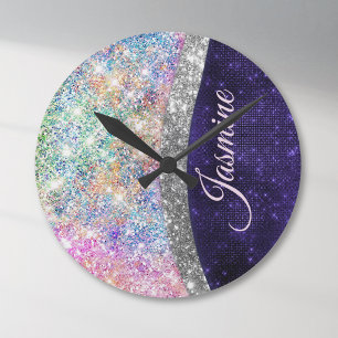 Iridescent paars zilveren faux glitter monogram ronde klok