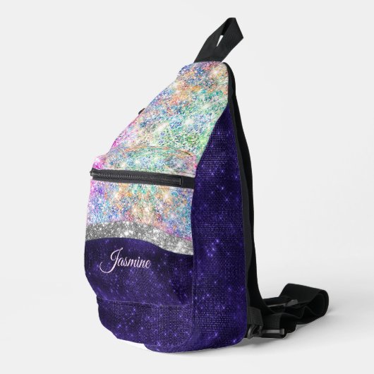 Iridescent paars zilveren faux glitter monogram sling bag (Rechterhoek)