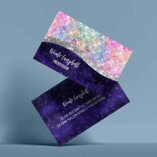 Iridescent paars zilveren faux glitter monogram visitekaartje