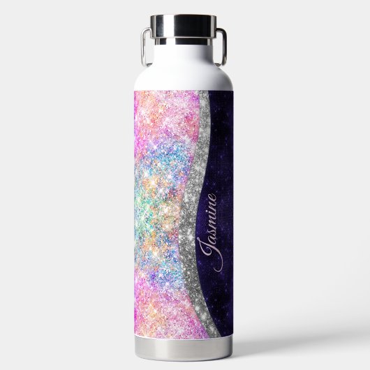 Iridescent paars zilveren faux glitter monogram waterfles (Voorkant)