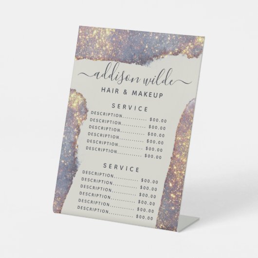 Iridescent Paarse Glam Glitter Service Price Reclamebord Met Voetstuk (Voorkant)