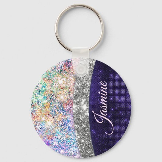 Iridescent paarse zilveren faux glitter monogram sleutelhanger (Voorkant)