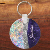 Iridescent paarse zilveren faux glitter monogram sleutelhanger (Voorkant)