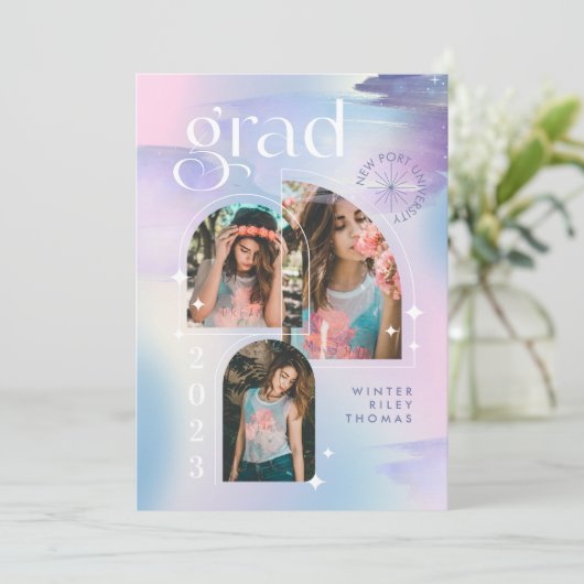 Iridescent Pastel Waterverf Starry 3 Foto Afstudee Kaart (Staand voorkant)