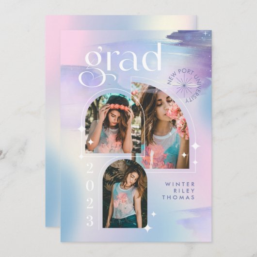 Iridescent Pastel Waterverf Starry 3 Foto Afstudee Kaart (Voorkant / Achterkant)