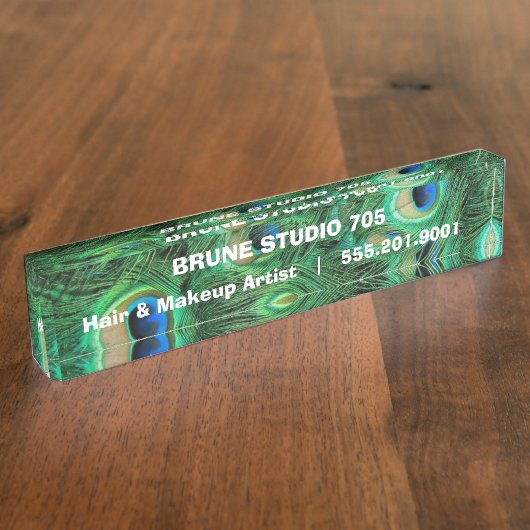 Iridescent Peacock Feathers for Beauty Salon Naambordje (Zijkant)