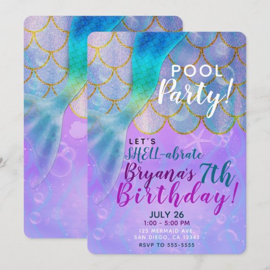 Iridescent Pearl Shimmer Mermaid Birthday Party Kaart (Voorkant / Achterkant)