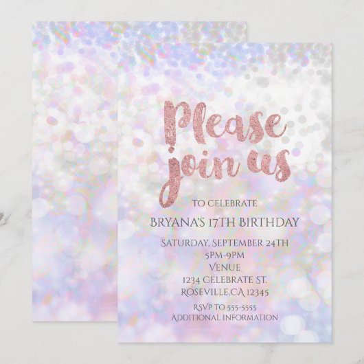 Iridescent Pink Sparkle Glam Party Uitnodigingen (Voorkant / Achterkant)