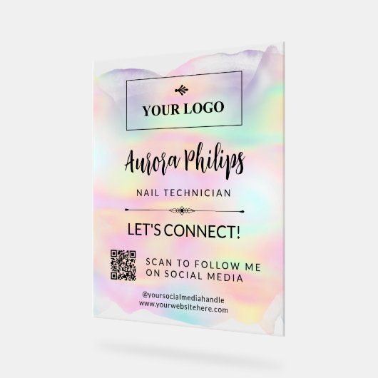 Iridescent plat je Logo & QR Social Media Acryl Bord (Hoek)