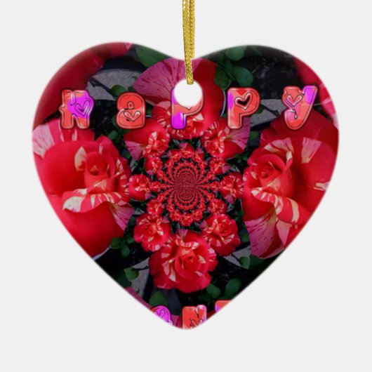 Iridescent Red Roses "Happy Valentijn" Art Print Keramisch Ornament (Voorkant)