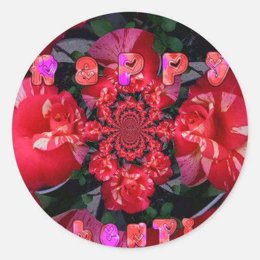 Iridescent Red Roses "Happy Valentijn" Art Print/ Ronde Sticker (Voorkant)