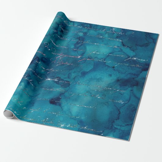 Iridescent Script op Abstract Blauwgroen Cadeaupapier (Uitgerold)