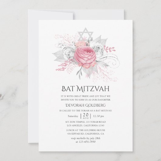 Iridescent Silver en Pink Floral Bat Mitzvah Kaart (Voorkant)