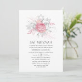 Iridescent Silver en Pink Floral Bat Mitzvah Kaart (Staand voorkant)
