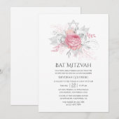 Iridescent Silver en Pink Floral Bat Mitzvah Kaart (Voorkant / Achterkant)
