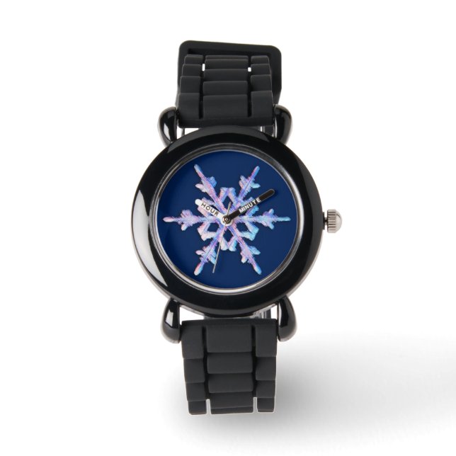 Iridescent sneeuwvlok op donkerblauw horloge (Voorkant)
