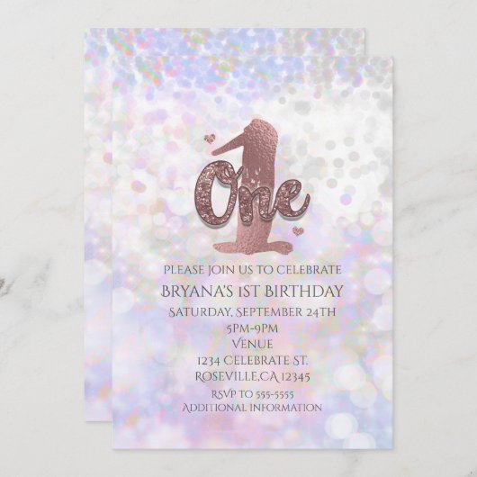 Iridescent Sparkle One 1st Birthday Invitations Kaart (Voorkant / Achterkant)