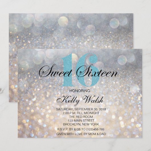 Iridescent Sweet 16 Light Blue Glitter Invitation Kaart (Voorkant / Achterkant)