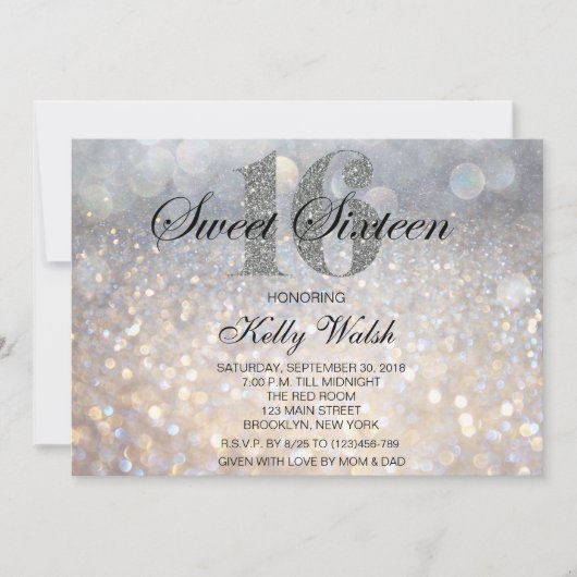 Iridescent Sweet 16 Silver Glitter Invitation Kaart (Voorkant)