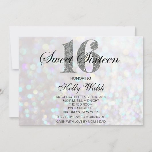 Iridescent Sweet 16 Silver Glitter Invitation Kaart (Voorkant)