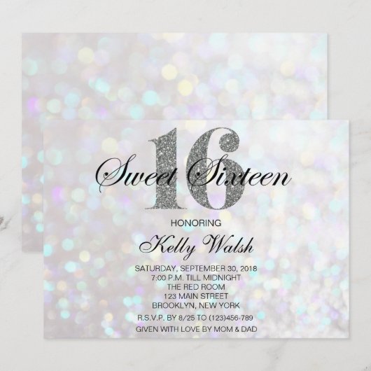 Iridescent Sweet 16 Silver Glitter Invitation Kaart (Voorkant / Achterkant)