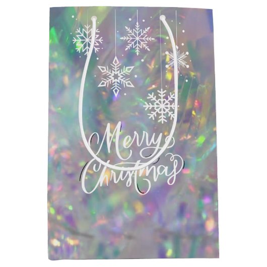 Iridescent Tinsel Merry White Snowflake Medium Cadeauzakje (Voorkant)