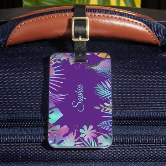 Iridescent Tropical Leaves, Blauwgroen naam op Paa Bagagelabel (Voorkant Insitu 2)