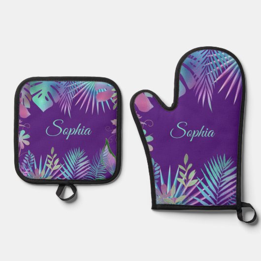 Iridescent Tropical Leaves, Blauwgroen naam op Paa Ovenwant & Pannenlap Set (Voorkant)