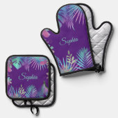 Iridescent Tropical Leaves, Blauwgroen naam op Paa Ovenwant & Pannenlap Set (Voorkant / Achterkant)