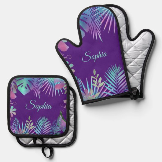 Iridescent Tropical Leaves, Blauwgroen naam op Paa Ovenwant & Pannenlap Set (Voorkant / Achterkant)