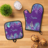 Iridescent Tropical Leaves, Blauwgroen naam op Paa Ovenwant & Pannenlap Set (Top down)