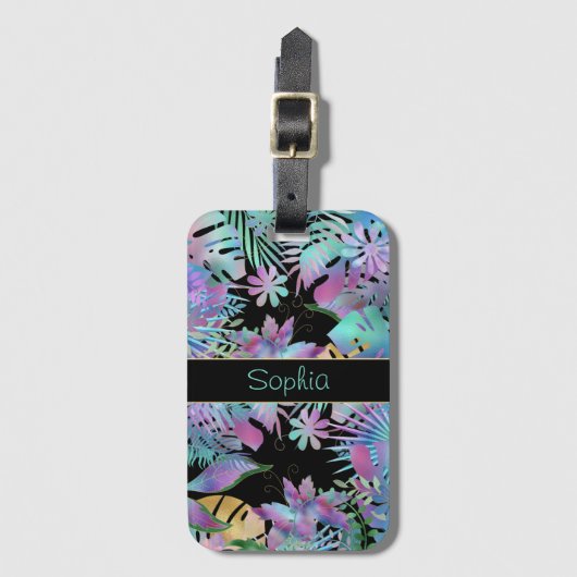 Iridescent Tropical Leaves, DIY Blauwgroen Name, B Bagagelabel (Voorkant (verticaal))