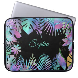 Iridescent Tropical Leaves, DIY Blauwgroen Name, B Laptop Sleeve