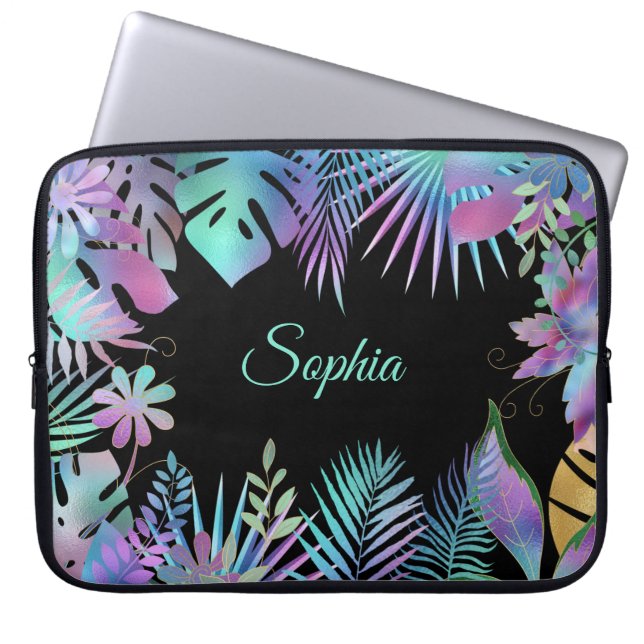 Iridescent Tropical Leaves, DIY Blauwgroen Name, B Laptop Sleeve (Voorkant)