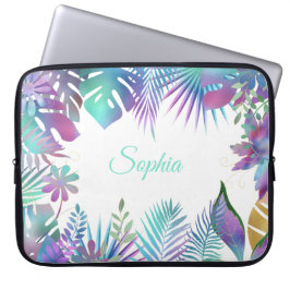 Iridescent Tropical Leaves, DIY Paars Name, White Laptop Sleeve